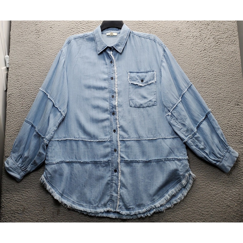 Easel Chambray Frayed Shirt Womens S Blue Balloon Sleeve Chest Pocket Button Up